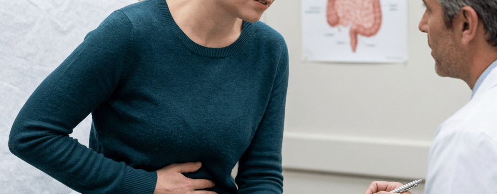 Patient holding abdomen while discussing pain with doctor