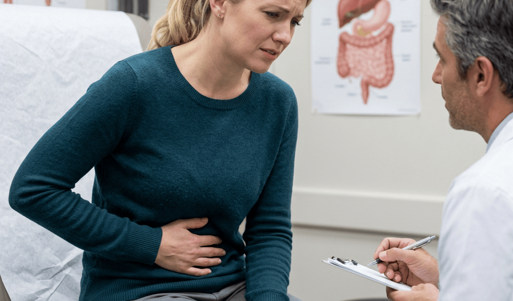 Patient holding abdomen while discussing pain with doctor