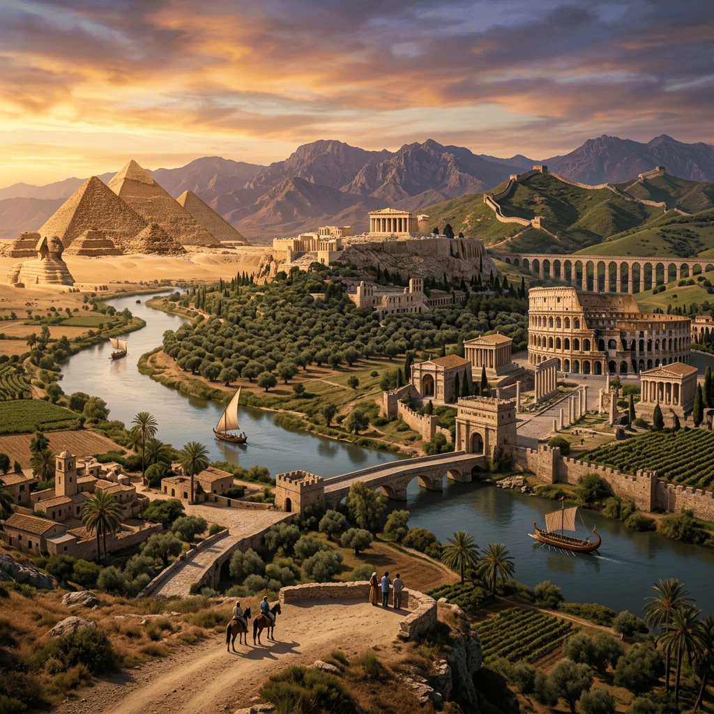 Fantasy landscape combining pyramids, temples, fortifications, mountains, and river boats