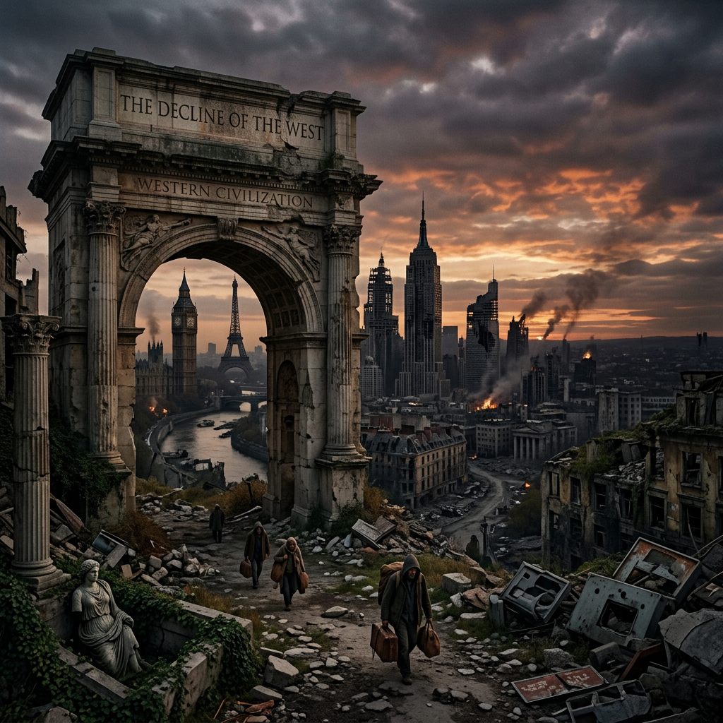 Ruined arch labeled “THE DECLINE OF THE WEST” and “WESTERN CIVILIZATION” overlooks burning city ruins.