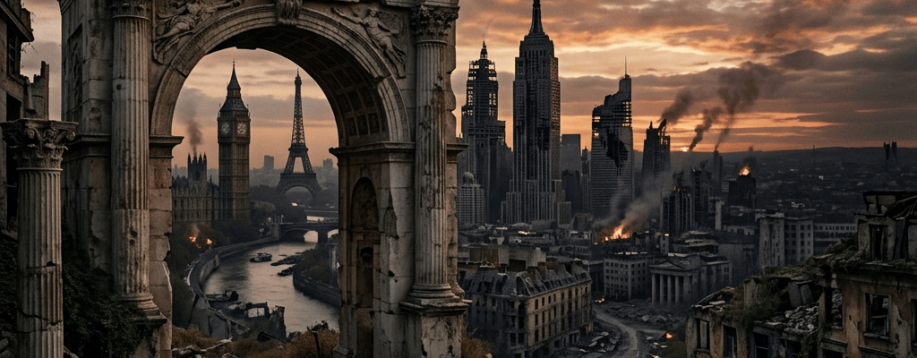 Ruined arch labeled “THE DECLINE OF THE WEST” and “WESTERN CIVILIZATION” overlooks burning city ruins.
