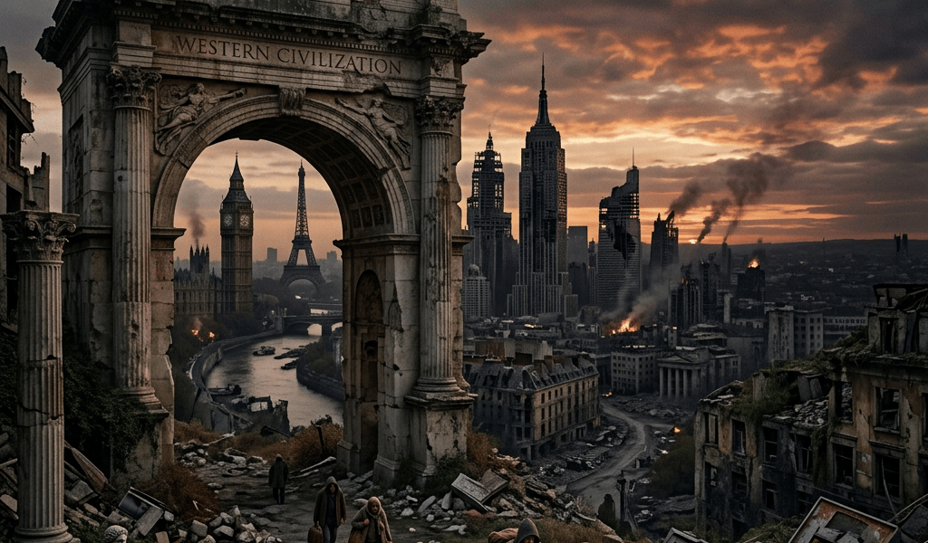 Ruined arch labeled “THE DECLINE OF THE WEST” and “WESTERN CIVILIZATION” overlooks burning city ruins.
